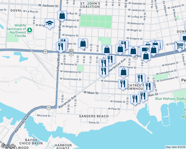 map of restaurants, bars, coffee shops, grocery stores, and more near 341 South I Street in Pensacola