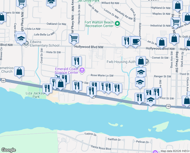 map of restaurants, bars, coffee shops, grocery stores, and more near 212 Rose Marie Court Southwest in Fort Walton Beach