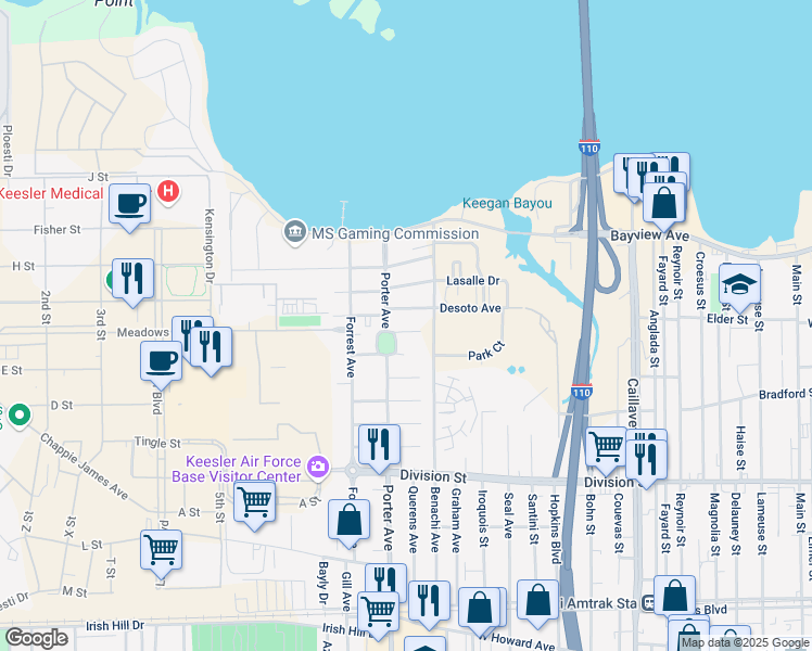 map of restaurants, bars, coffee shops, grocery stores, and more near 370-388 Park Court North in Biloxi