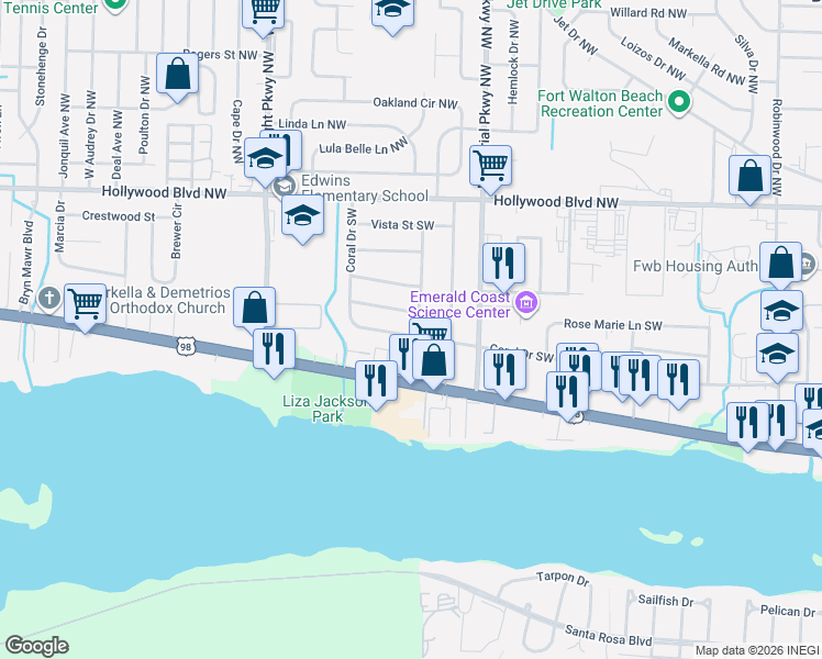 map of restaurants, bars, coffee shops, grocery stores, and more near 320 Coral Drive Southwest in Fort Walton Beach