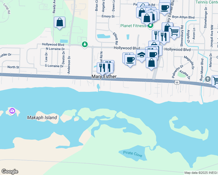 map of restaurants, bars, coffee shops, grocery stores, and more near 1 Cedar Bluff Circle in Mary Esther