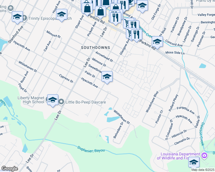 map of restaurants, bars, coffee shops, grocery stores, and more near 1676 Glasgow Avenue in Baton Rouge