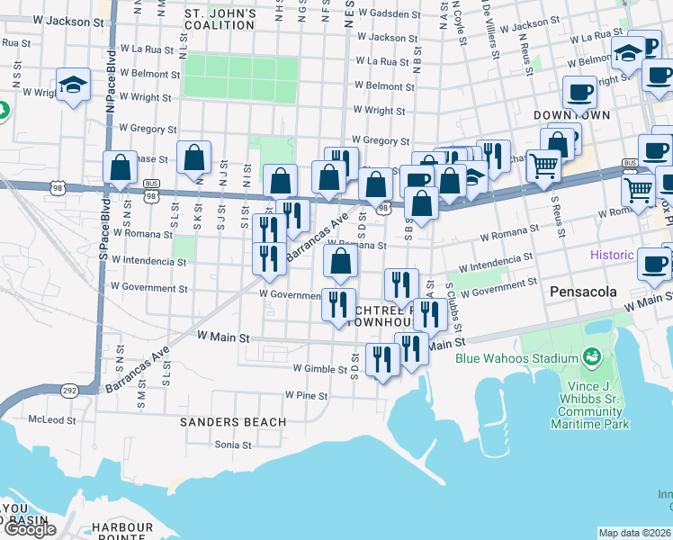 map of restaurants, bars, coffee shops, grocery stores, and more near 259 South E Street in Pensacola