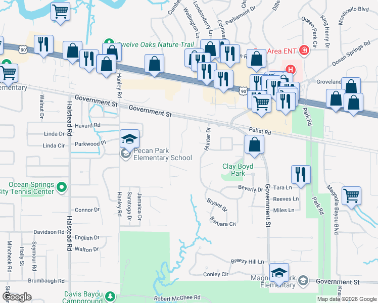 map of restaurants, bars, coffee shops, grocery stores, and more near 702 Hidden Oaks Drive in Ocean Springs