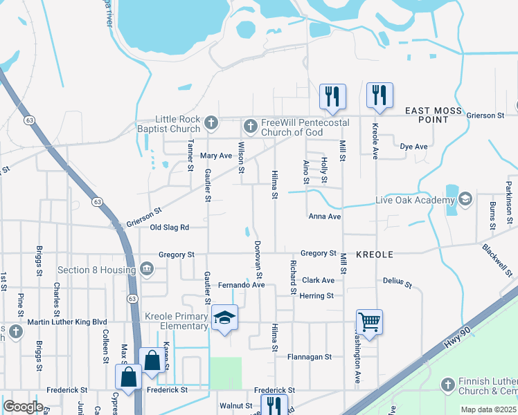 map of restaurants, bars, coffee shops, grocery stores, and more near 4619 Hilma Street in Moss Point