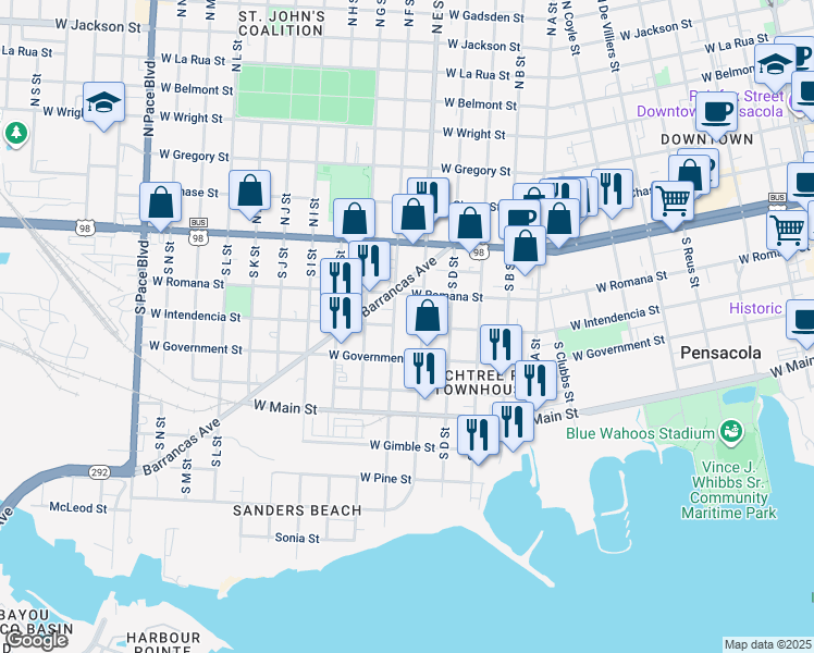 map of restaurants, bars, coffee shops, grocery stores, and more near 115 South E Street in Pensacola