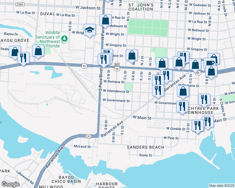 map of restaurants, bars, coffee shops, grocery stores, and more near 340 South M Street in Pensacola
