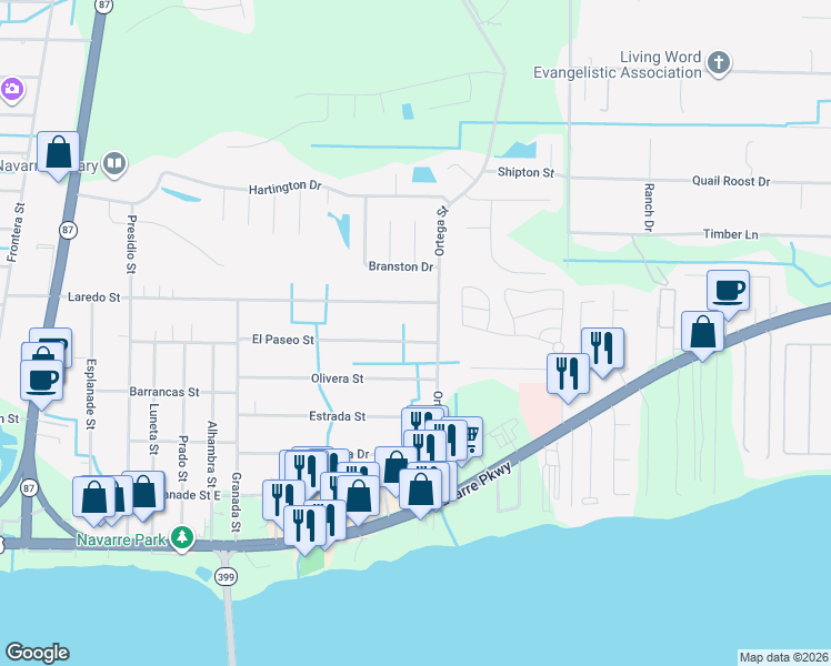 map of restaurants, bars, coffee shops, grocery stores, and more near 8756 El Paseo Street in Navarre