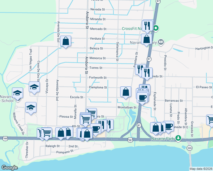 map of restaurants, bars, coffee shops, grocery stores, and more near 8309 Pamplona Street in Navarre