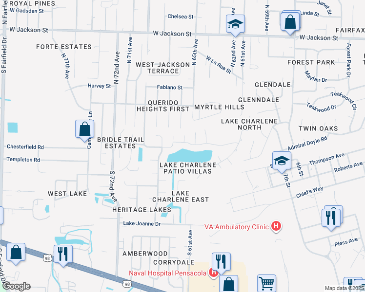 map of restaurants, bars, coffee shops, grocery stores, and more near 6547 Lake Charlene Drive in Pensacola