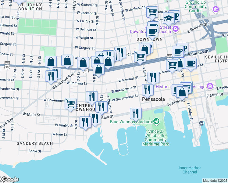 map of restaurants, bars, coffee shops, grocery stores, and more near 601 West Intendencia Street in Pensacola