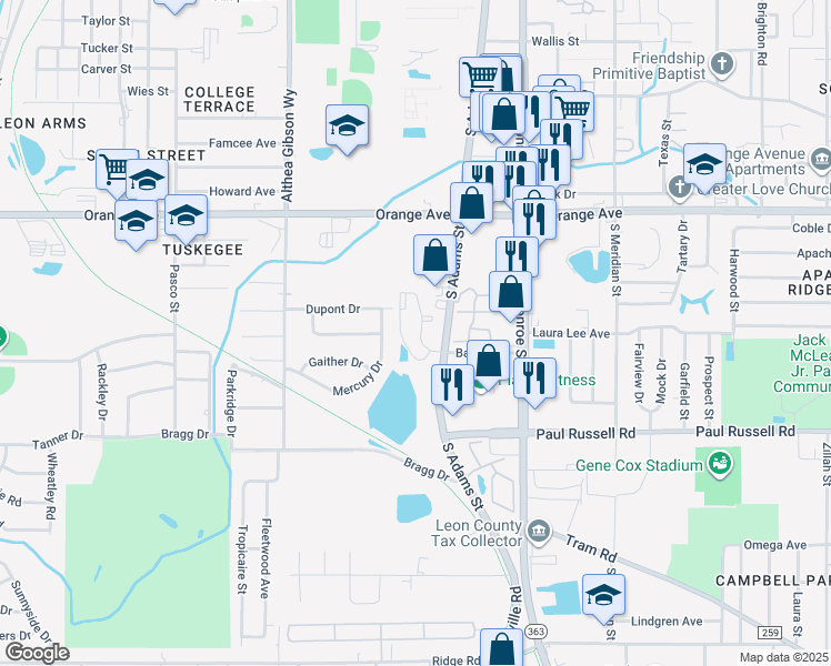 map of restaurants, bars, coffee shops, grocery stores, and more near 2529 South Adams Street in Tallahassee