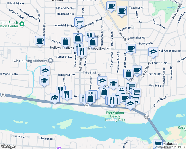 map of restaurants, bars, coffee shops, grocery stores, and more near 115 Shell Avenue Southeast in Fort Walton Beach
