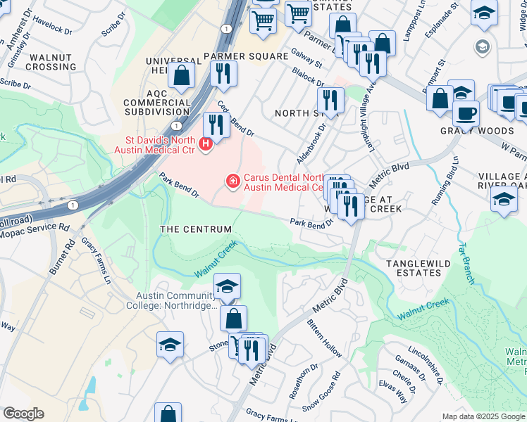 map of restaurants, bars, coffee shops, grocery stores, and more near 2205 Park Bend Drive in Austin