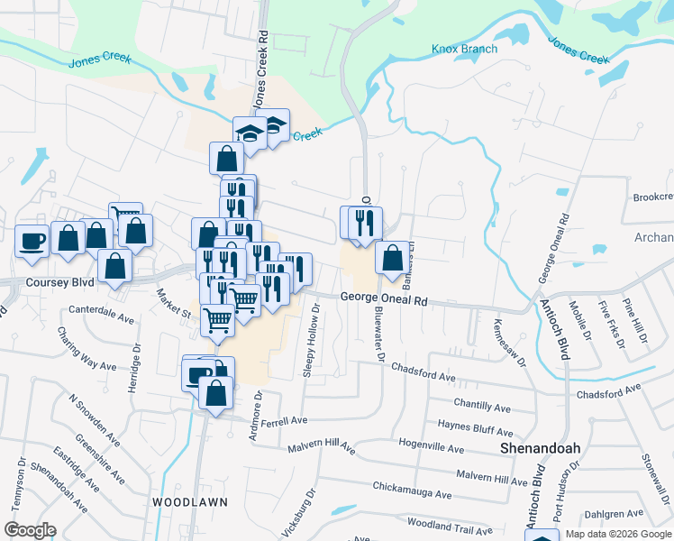 map of restaurants, bars, coffee shops, grocery stores, and more near 15647 George Oneal Road in Baton Rouge