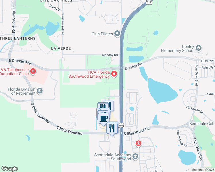 map of restaurants, bars, coffee shops, grocery stores, and more near 2364 Barcelona Court in Tallahassee