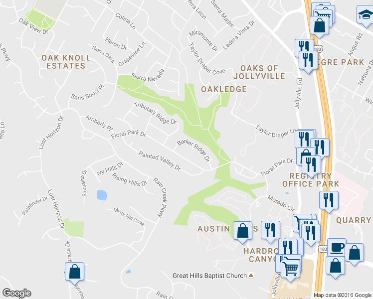 map of restaurants, bars, coffee shops, grocery stores, and more near 10602 Barker Ridge Cove in Austin