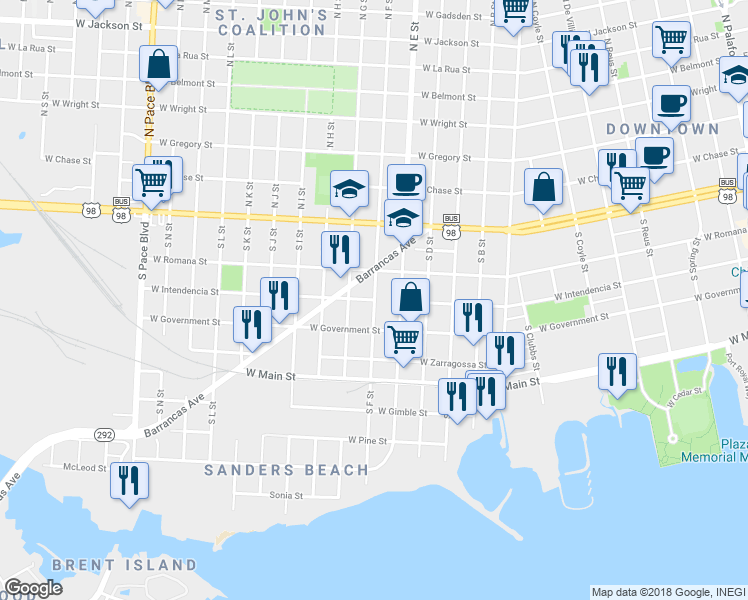 map of restaurants, bars, coffee shops, grocery stores, and more near 1300 Intendencia Street in Pensacola