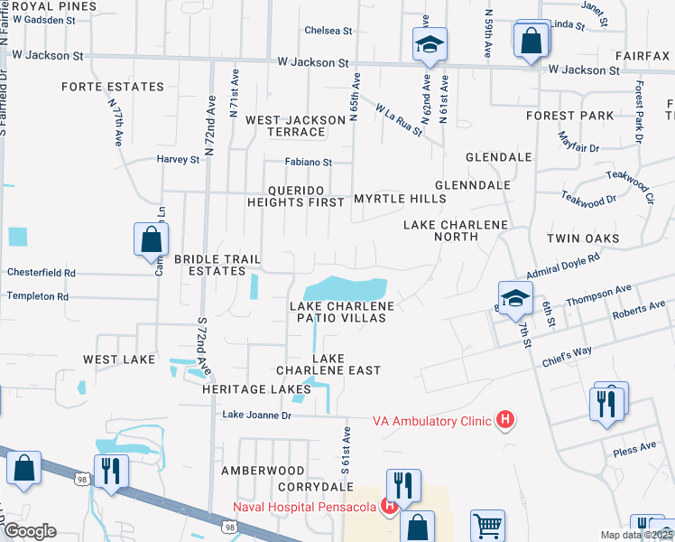 map of restaurants, bars, coffee shops, grocery stores, and more near 6507 Lake Charlene Drive in Pensacola
