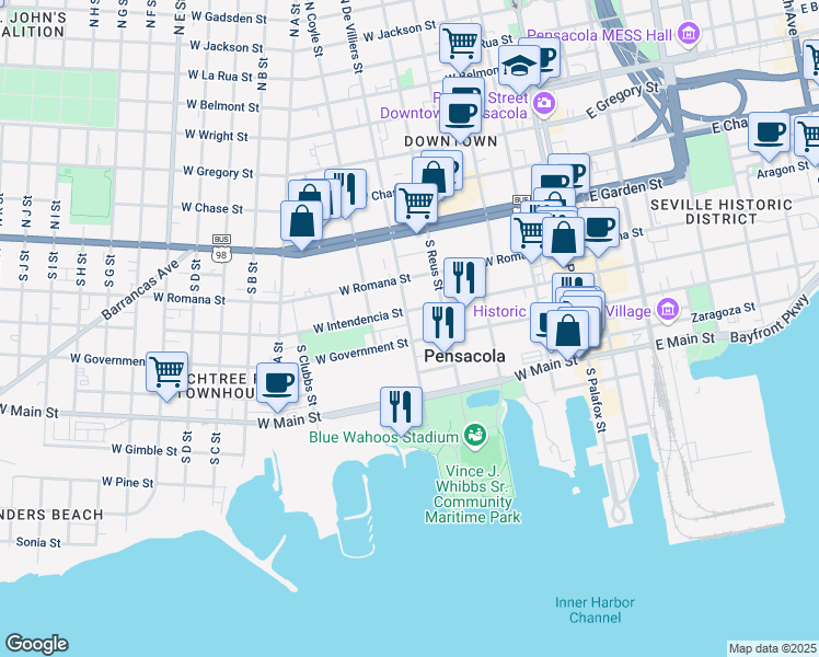 map of restaurants, bars, coffee shops, grocery stores, and more near 321 South De Villiers Street in Pensacola