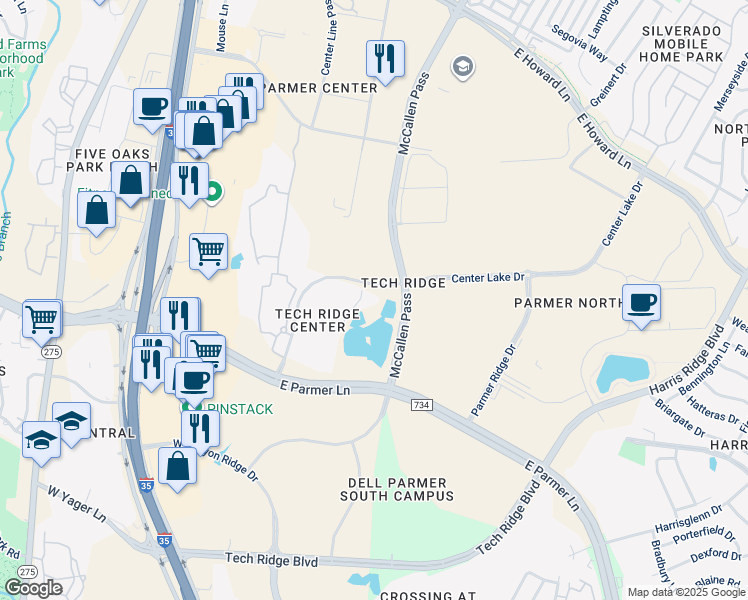 map of restaurants, bars, coffee shops, grocery stores, and more near 13301 Center Lake Drive in Austin