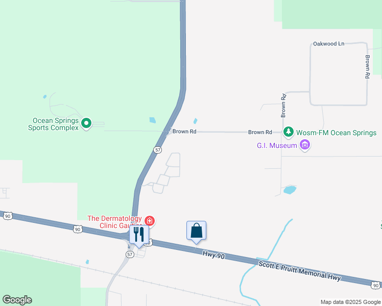 map of restaurants, bars, coffee shops, grocery stores, and more near 6335 Brown Road in Ocean Springs