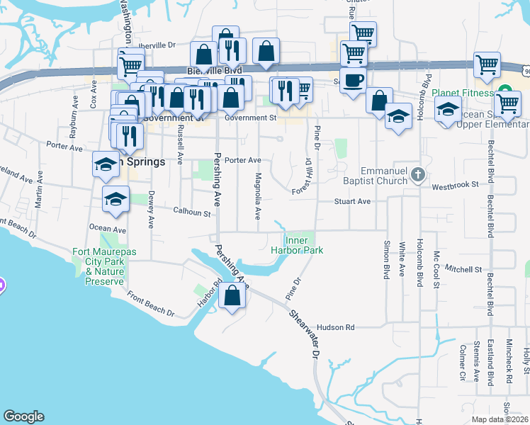 map of restaurants, bars, coffee shops, grocery stores, and more near 1707 Kensington Ave in Ocean Springs