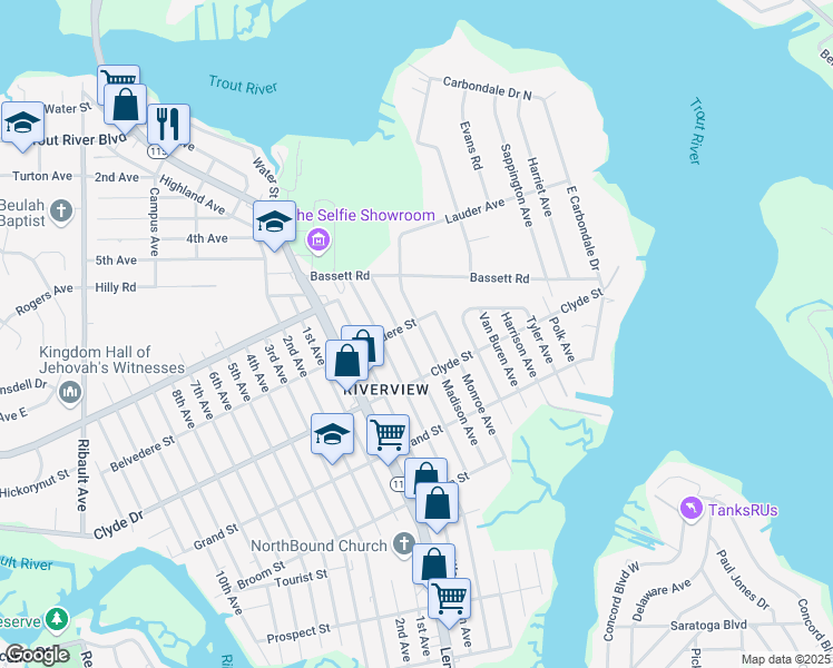 map of restaurants, bars, coffee shops, grocery stores, and more near 9162 Madison Avenue in Jacksonville
