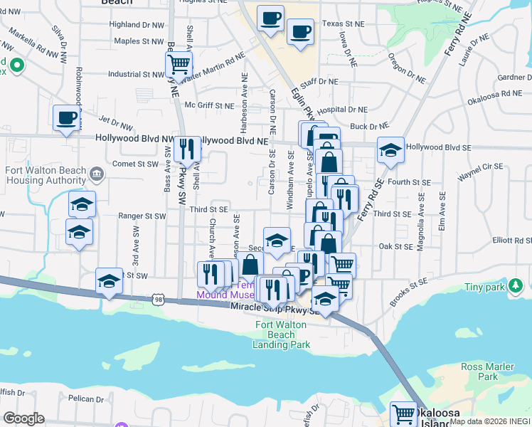 map of restaurants, bars, coffee shops, grocery stores, and more near 109 Methodist Avenue Southeast in Fort Walton Beach