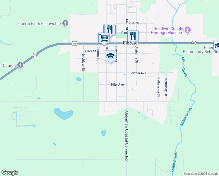 map of restaurants, bars, coffee shops, grocery stores, and more near 12606 Illinois Street in Elberta