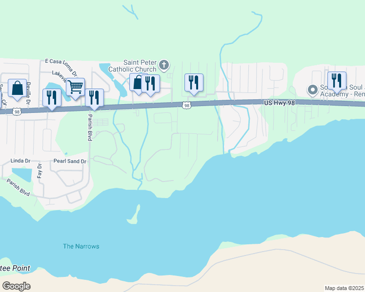 map of restaurants, bars, coffee shops, grocery stores, and more near 109 Dolphin Road in Mary Esther