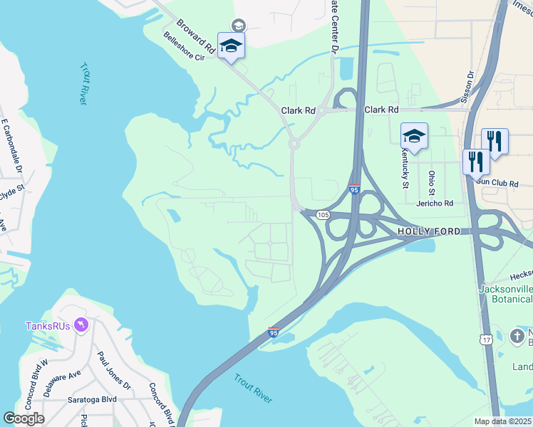 map of restaurants, bars, coffee shops, grocery stores, and more near 950 Broward Road in Jacksonville