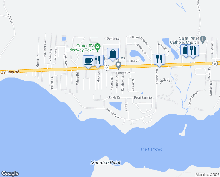 map of restaurants, bars, coffee shops, grocery stores, and more near 16 Cactus Road in Mary Esther