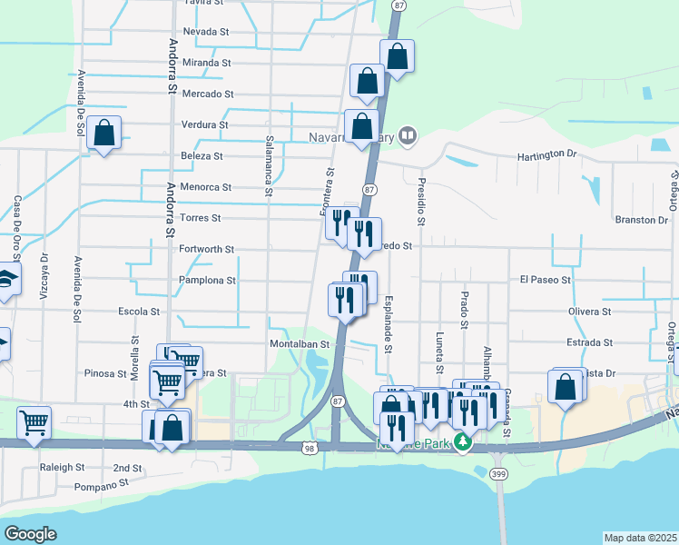 map of restaurants, bars, coffee shops, grocery stores, and more near 1961 Highway 87 in Navarre
