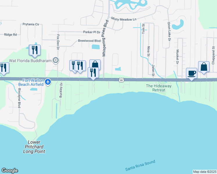 map of restaurants, bars, coffee shops, grocery stores, and more near 2059 Christianson Street in Navarre