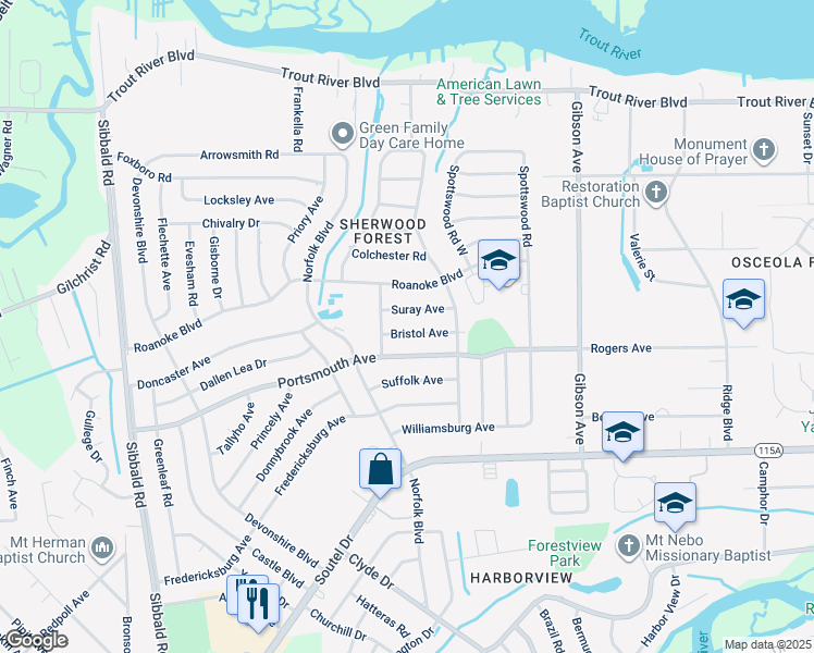 map of restaurants, bars, coffee shops, grocery stores, and more near 4661 Bristol Avenue in Jacksonville