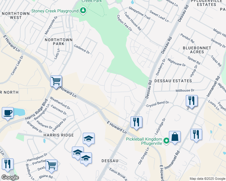 map of restaurants, bars, coffee shops, grocery stores, and more near 13701 Harrisglenn Drive in Austin