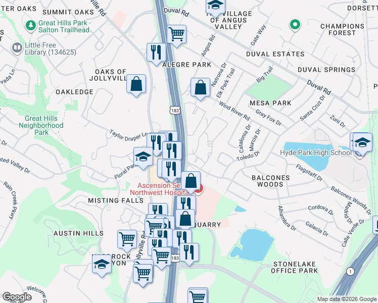 map of restaurants, bars, coffee shops, grocery stores, and more near 5012 Balcones Woods Drive in Austin