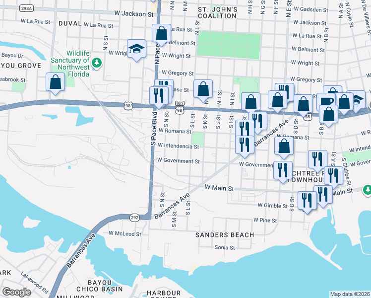 map of restaurants, bars, coffee shops, grocery stores, and more near 1818 West Government Street in Pensacola