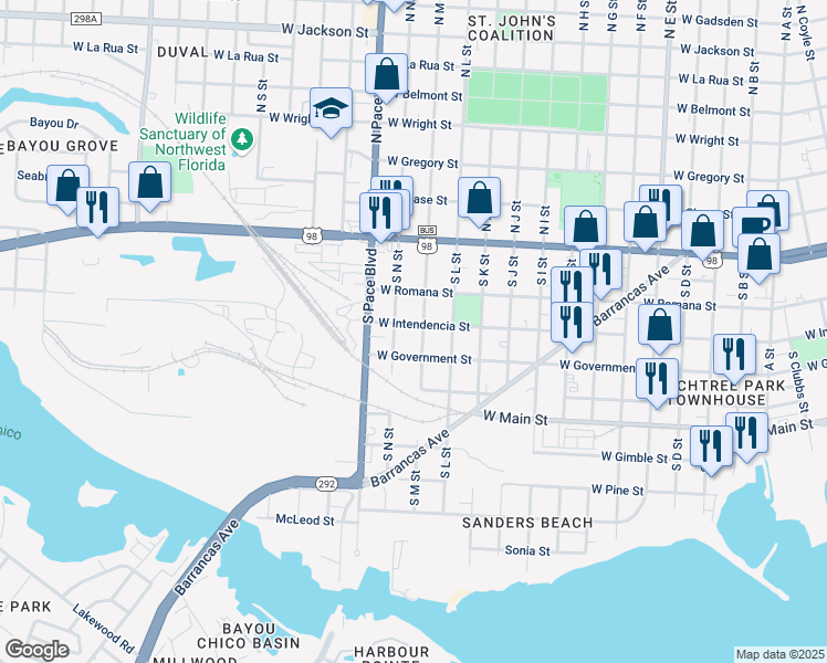 map of restaurants, bars, coffee shops, grocery stores, and more near 2000 West Government Street in Pensacola