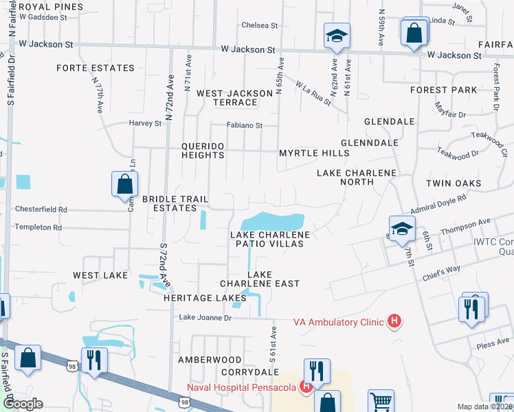 map of restaurants, bars, coffee shops, grocery stores, and more near 6507 Lake Charlene Drive in Pensacola