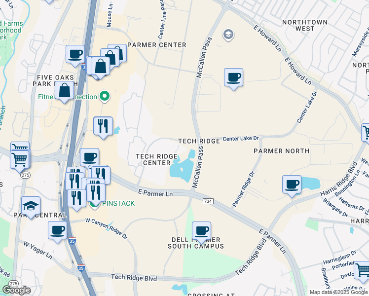 map of restaurants, bars, coffee shops, grocery stores, and more near 13301 Center Lake Drive in Austin
