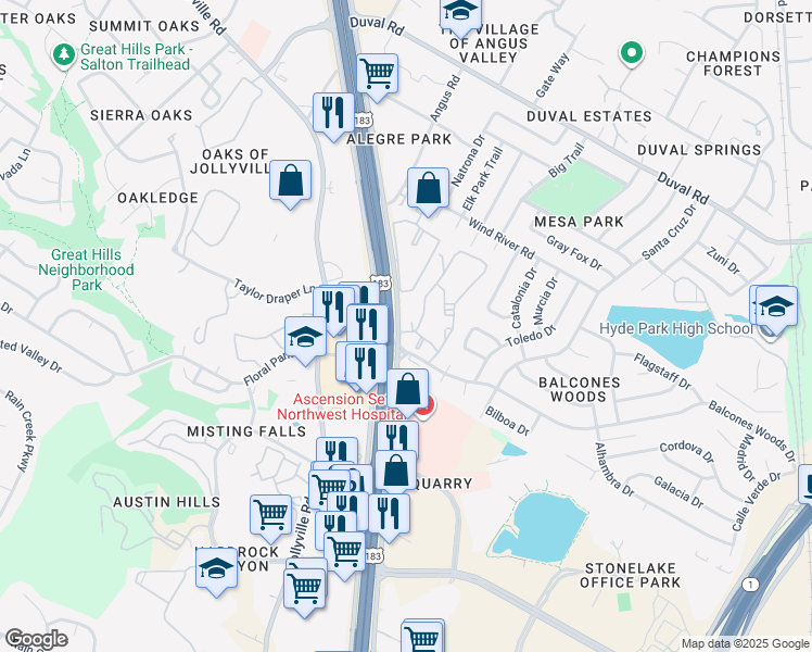 map of restaurants, bars, coffee shops, grocery stores, and more near 11149 Research Boulevard in Austin