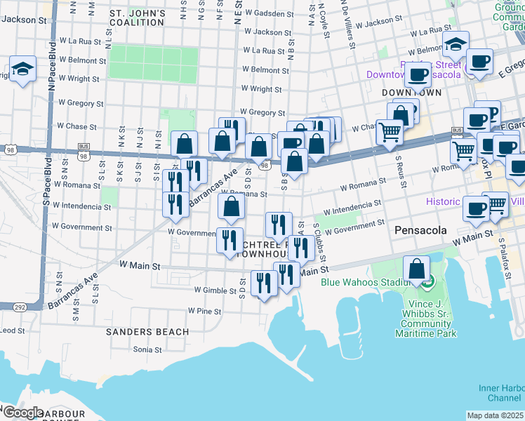 map of restaurants, bars, coffee shops, grocery stores, and more near 211 South B Street in Pensacola