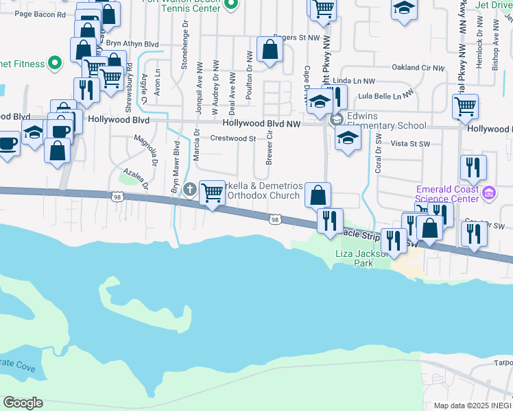 map of restaurants, bars, coffee shops, grocery stores, and more near 4 Hampton Court in Mary Esther