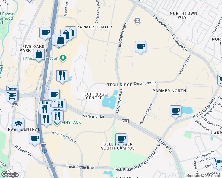map of restaurants, bars, coffee shops, grocery stores, and more near 13301 Center Lake Drive in Austin