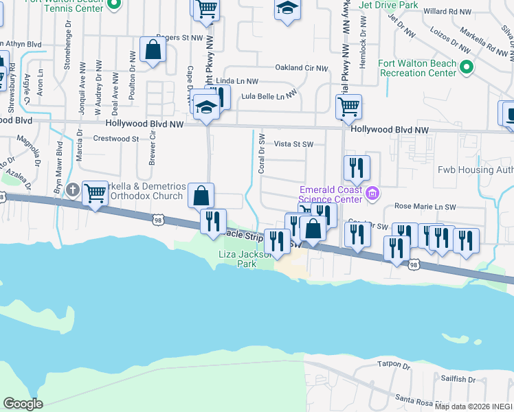map of restaurants, bars, coffee shops, grocery stores, and more near 351 Honey Cove Southwest in Fort Walton Beach