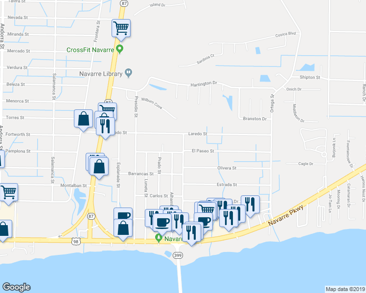 map of restaurants, bars, coffee shops, grocery stores, and more near 2053 Granada Street in Navarre
