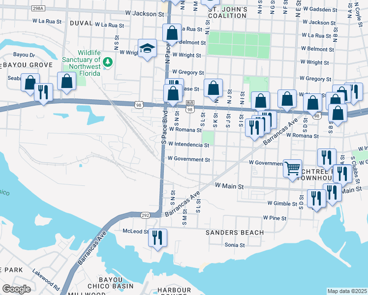map of restaurants, bars, coffee shops, grocery stores, and more near 2000 West Government Street in Pensacola
