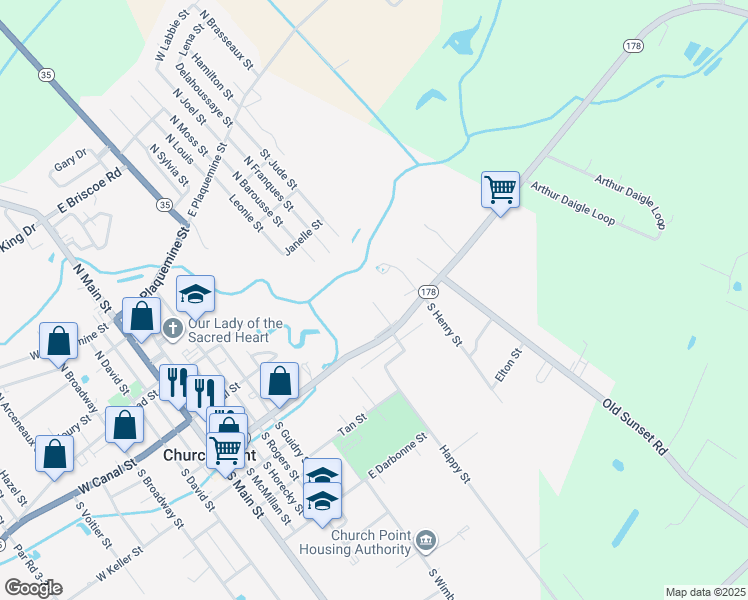 map of restaurants, bars, coffee shops, grocery stores, and more near 500 Cross Street in Church Point